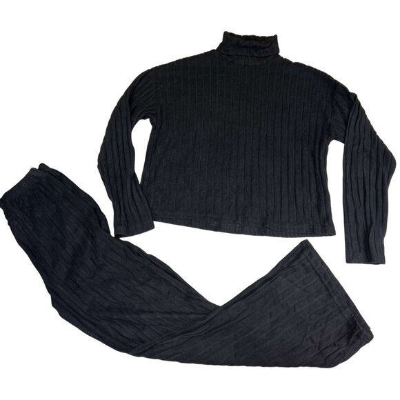 Lounger Set Turtleneck Top & Pants Black Velvety Wide Womens Med New - Picture 1 of 9